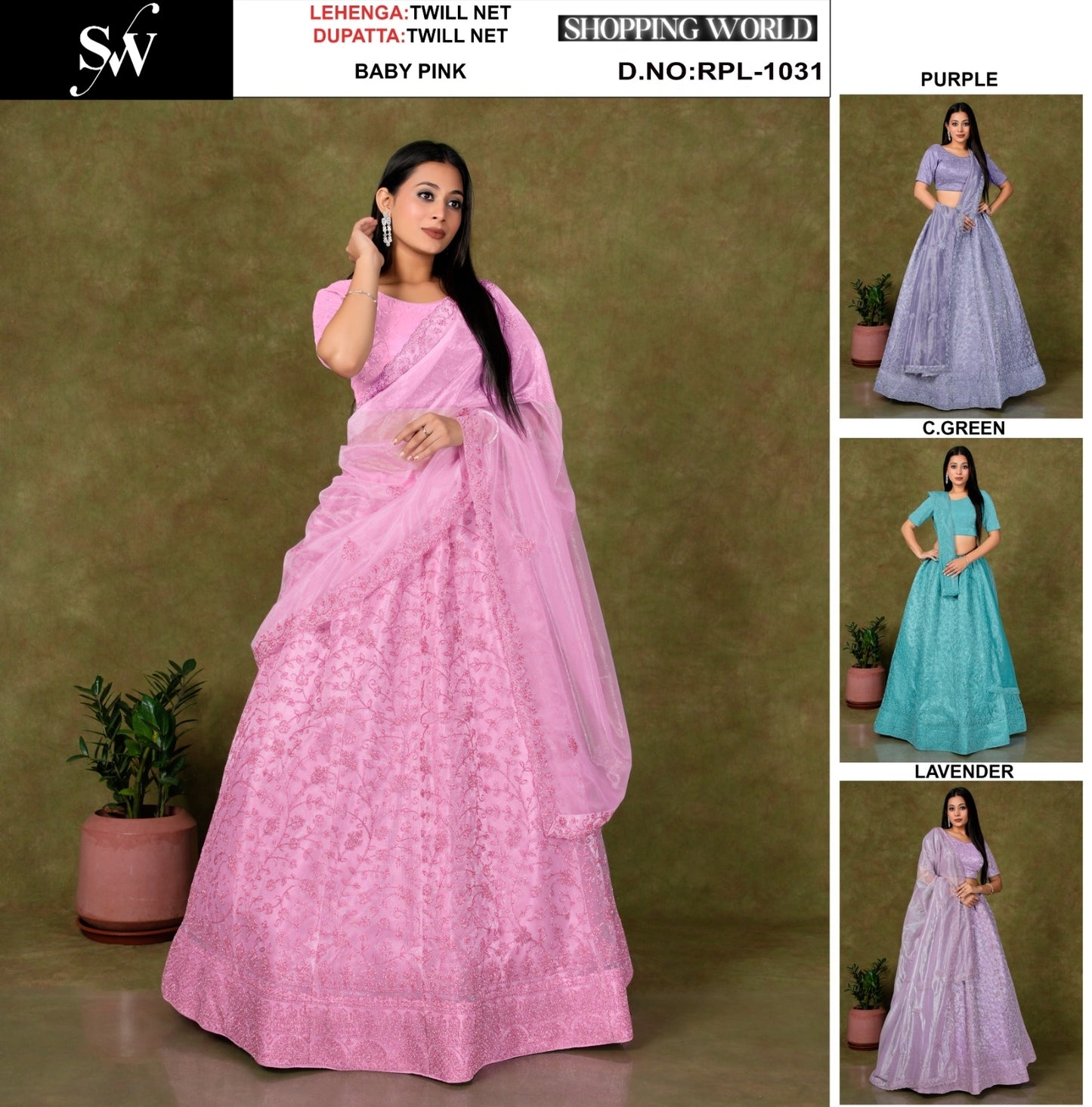 Glamorous Baby pink purple Sea green Lavender Twill Net Lehenga