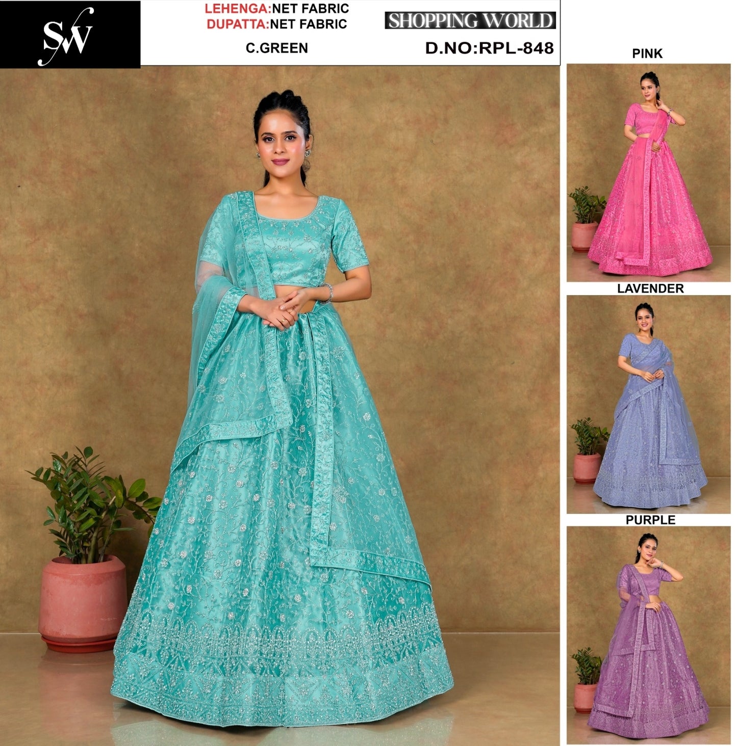 Lovely pink Lavender purple Sea green Net Lehenga