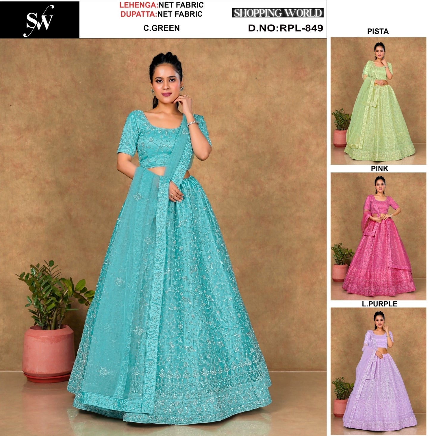 Beautiful Sea green pista green pink light purple Net Lehenga