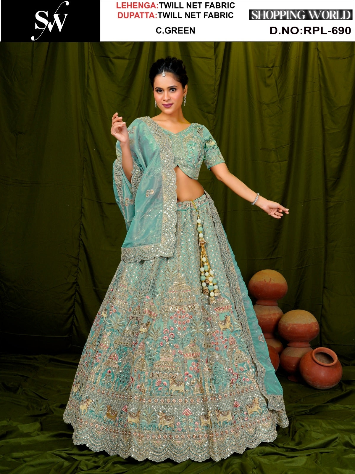 Khoobsurat Sea green Twill Net Lehenga