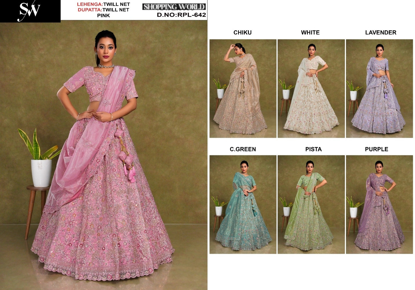 Pleasing pink Chiku golden White Lavender Sea green Pista green Purple Twill Net Lehenga