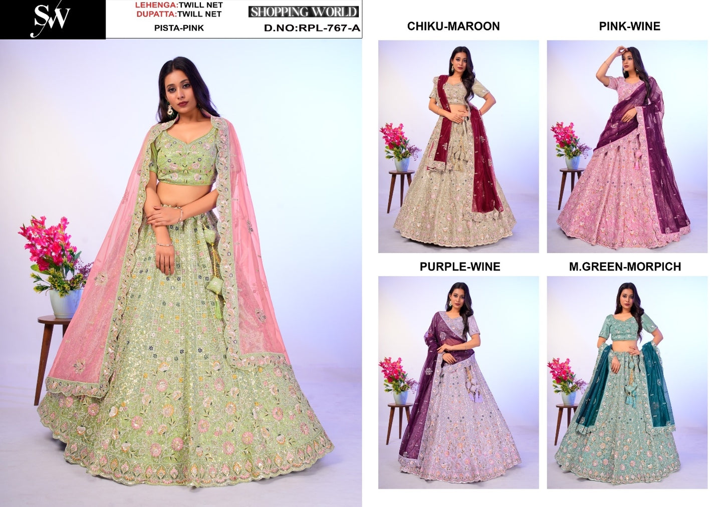 Majestic pista green Chiku golden pink purple Mint green Twill Net Lehenga