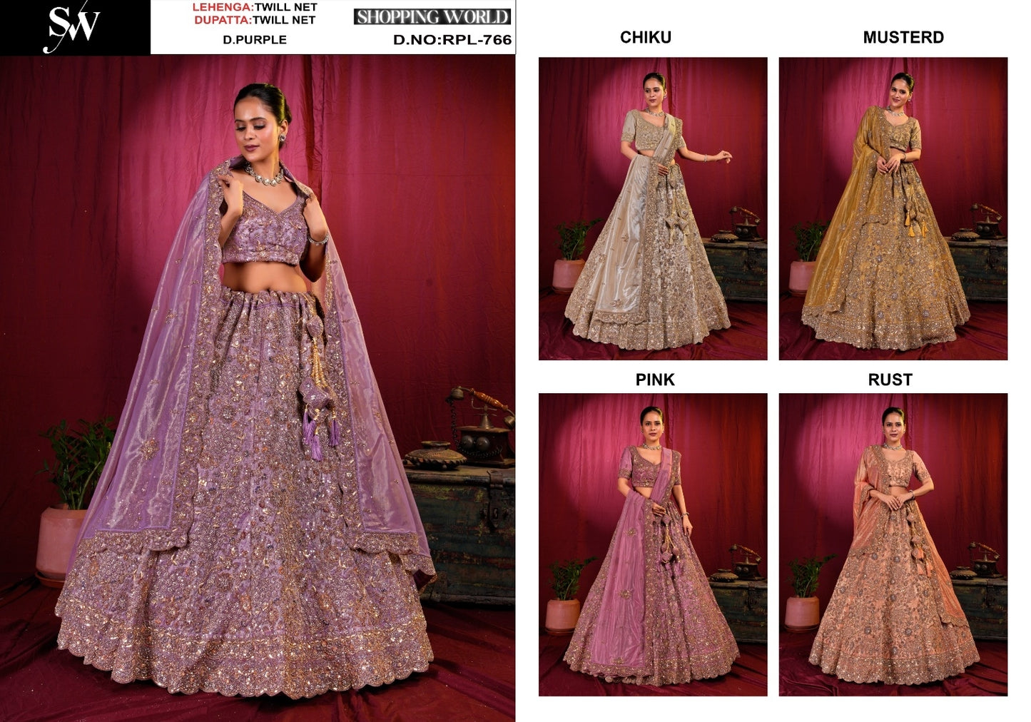 Charming Dark purple Chiku golden Mustard Pink Rust orange Twill Net Lehenga