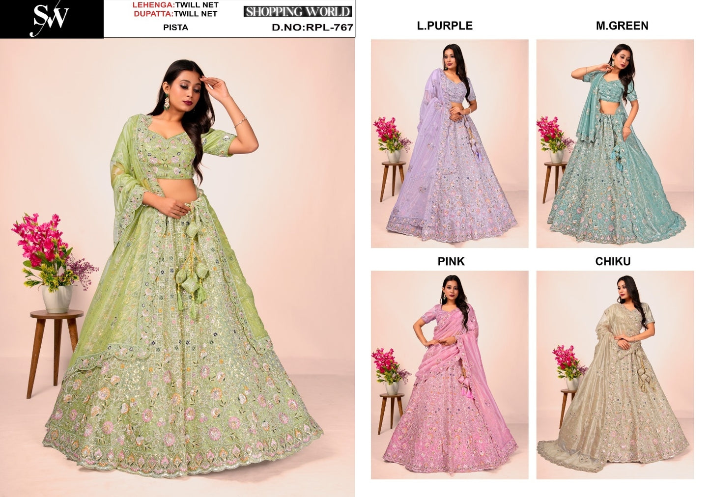 Eye Catching pista green light purple Mint green pink Chiku golden Twill Net Lehenga