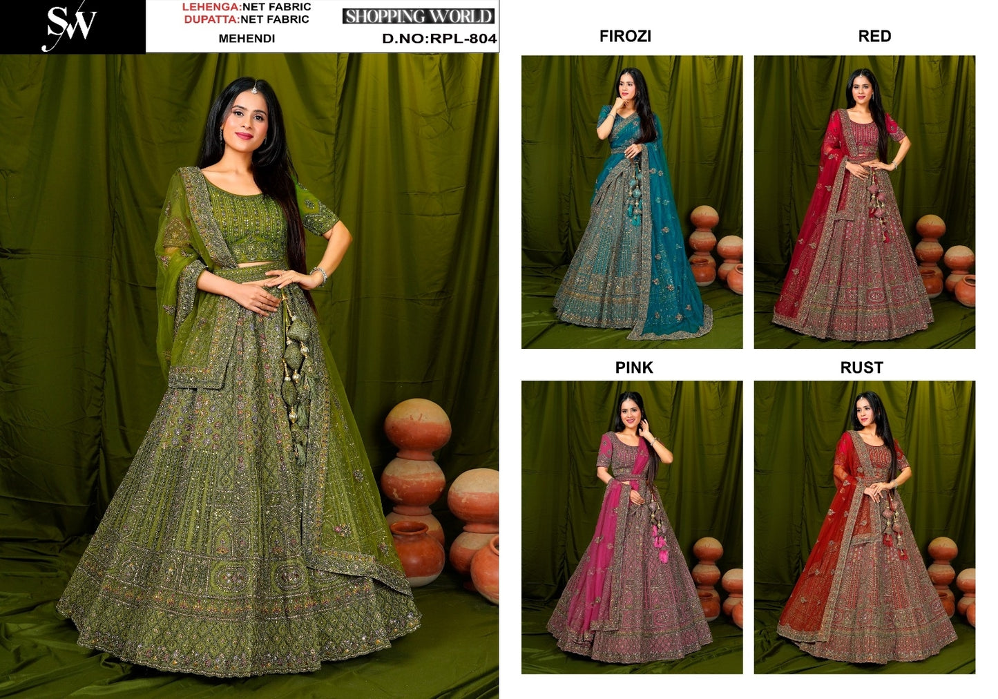 Embellished Mehendi green Firozi blue Pink Rust orange Rani pink red Net Lehenga