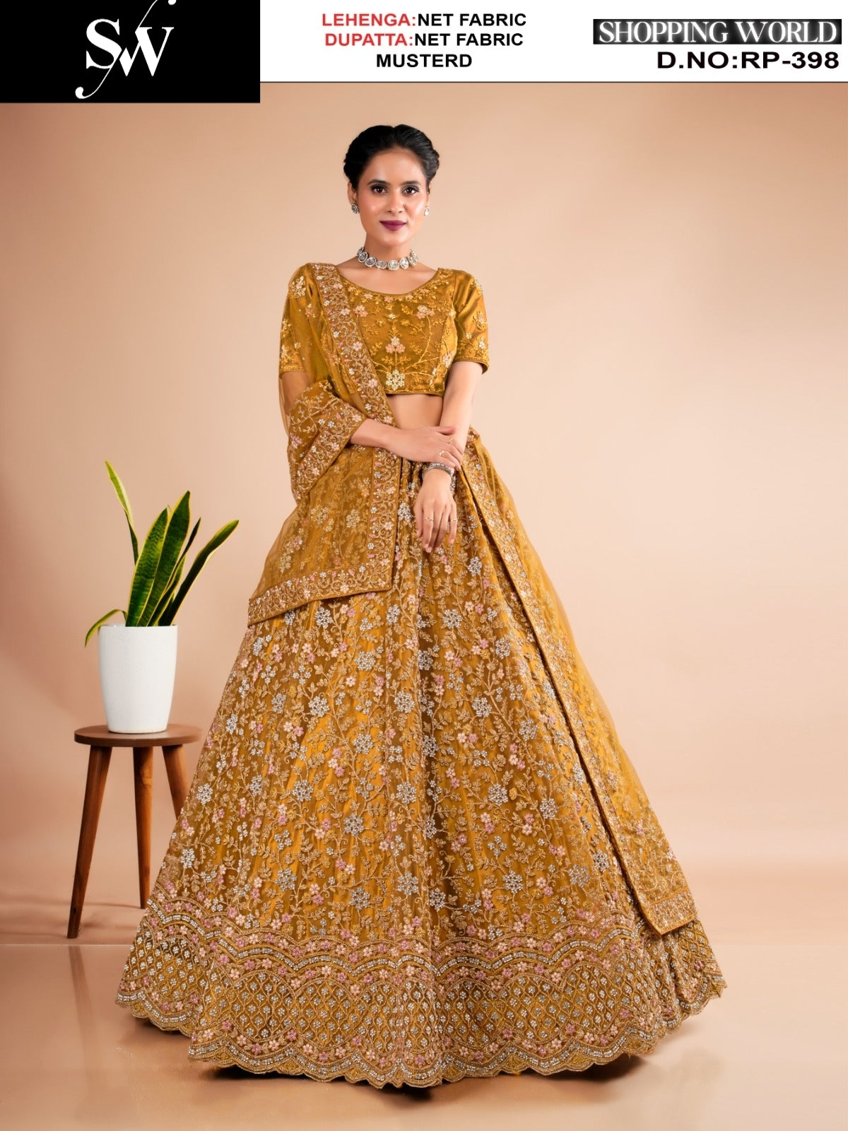 Delightful Mustard Net Lehenga