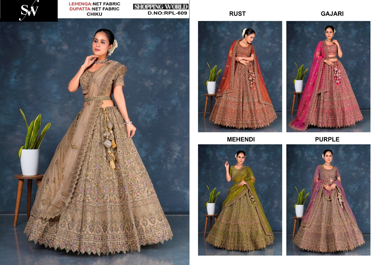 Astonishing Chiku golden Rust orange Gajri pink Mehendi green purple Net Lehenga