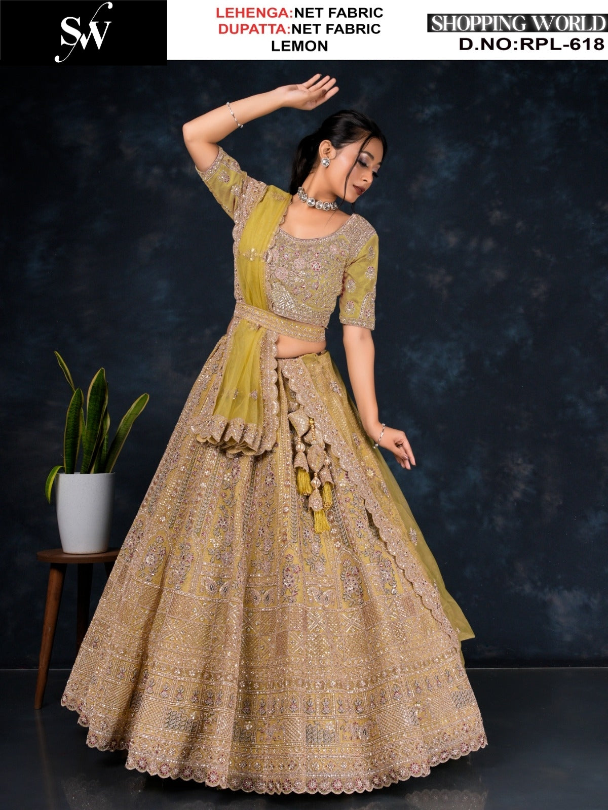 Designer Lemon Golden Net Lehenga