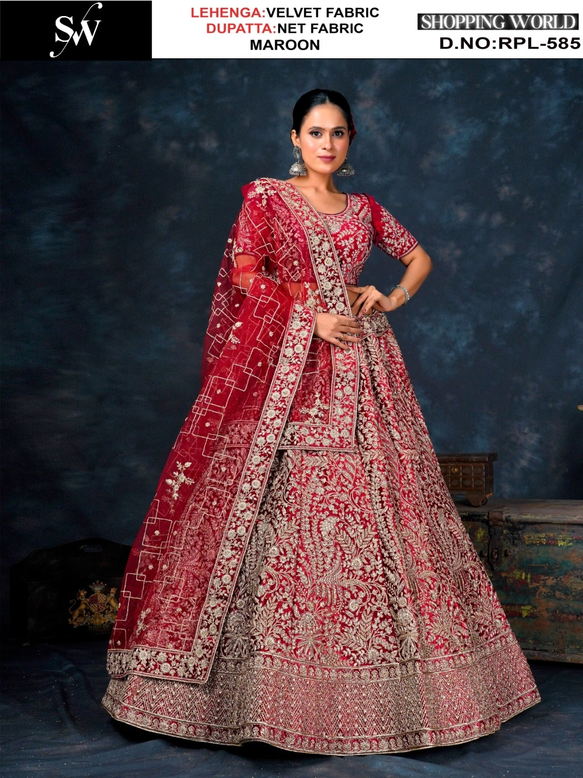 Stunning Maroon Velvet Lehenga