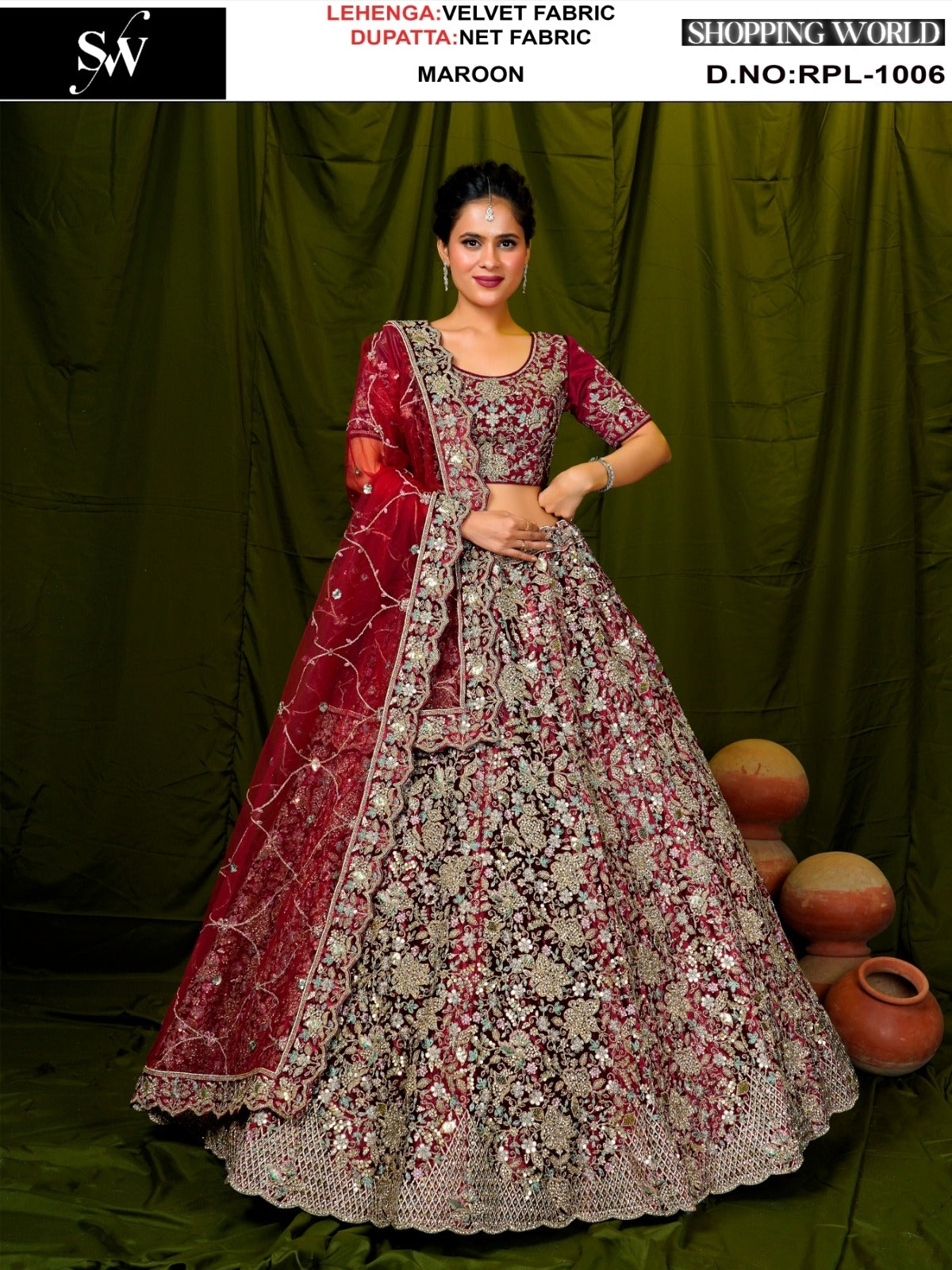 Glamorous Maroon Velvet Lehenga