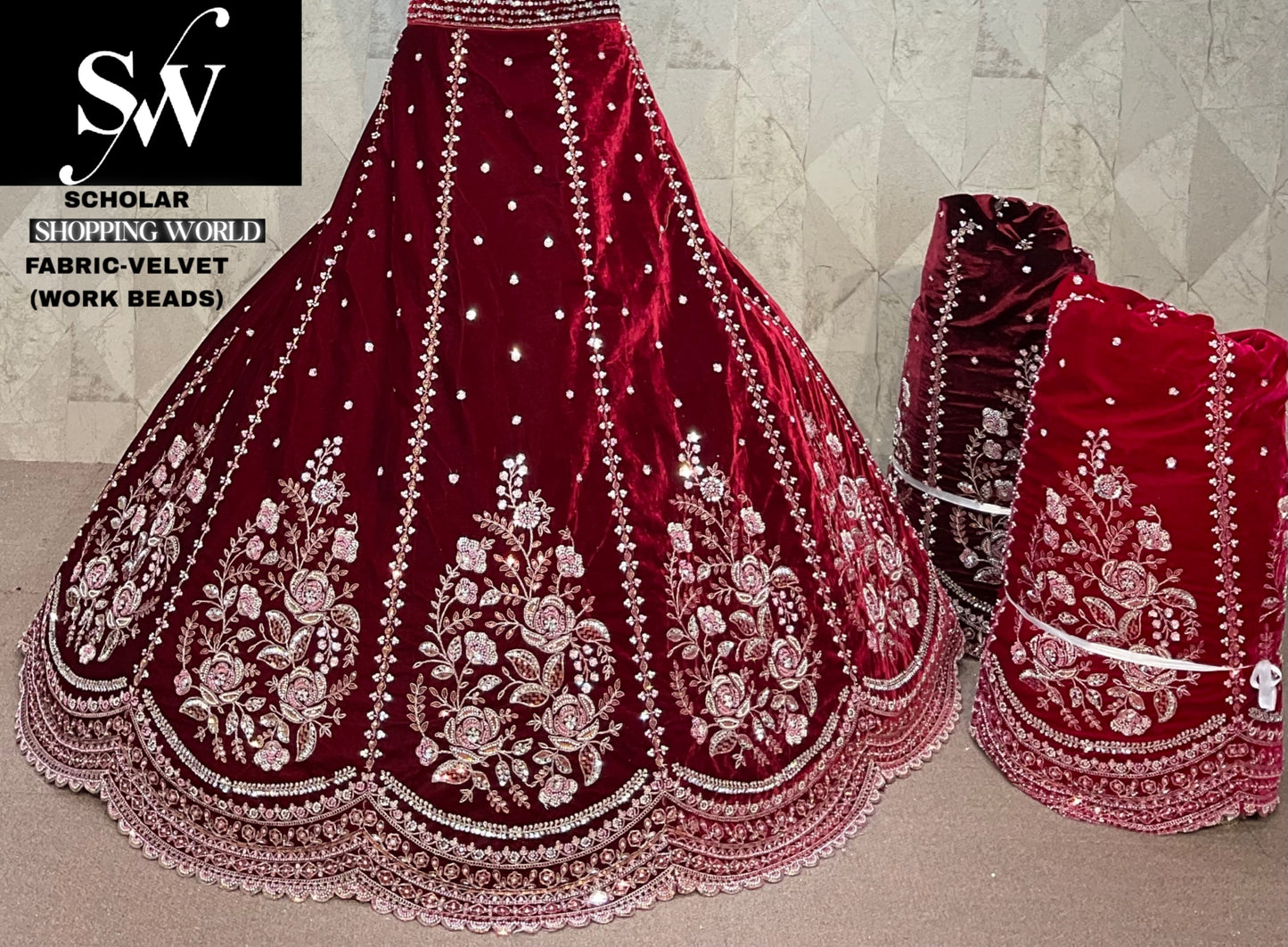 Lovely Maroon Velvet Bridal Lehenga
