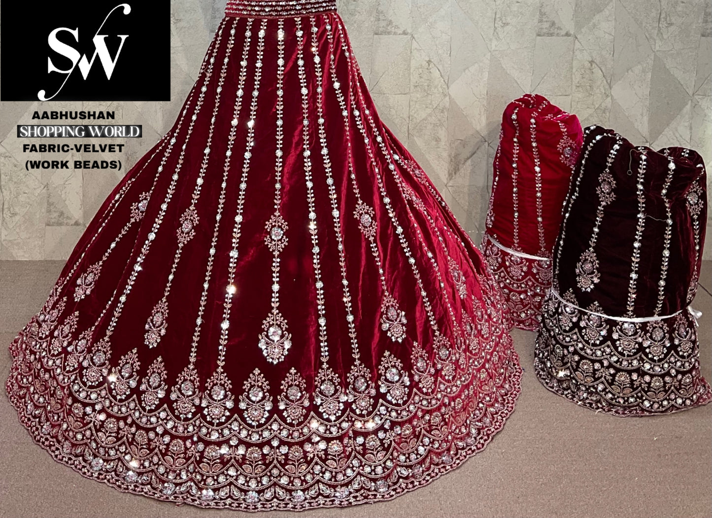 Stunning Dark Maroon Velvet bridal Double Dupatta Lehenga