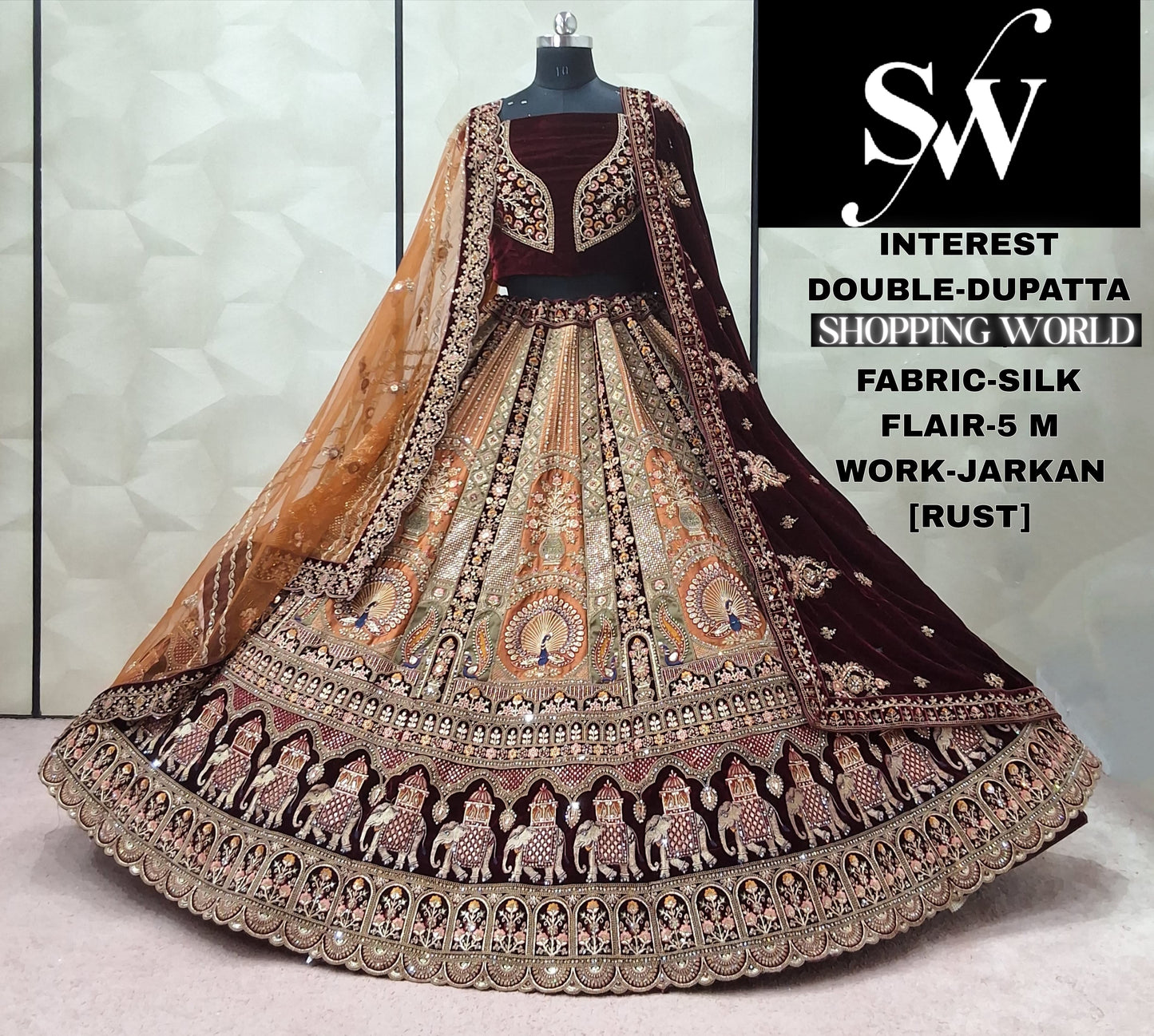 Tremendous Maroon Double Dupatta Velvet Bridal Lehenga