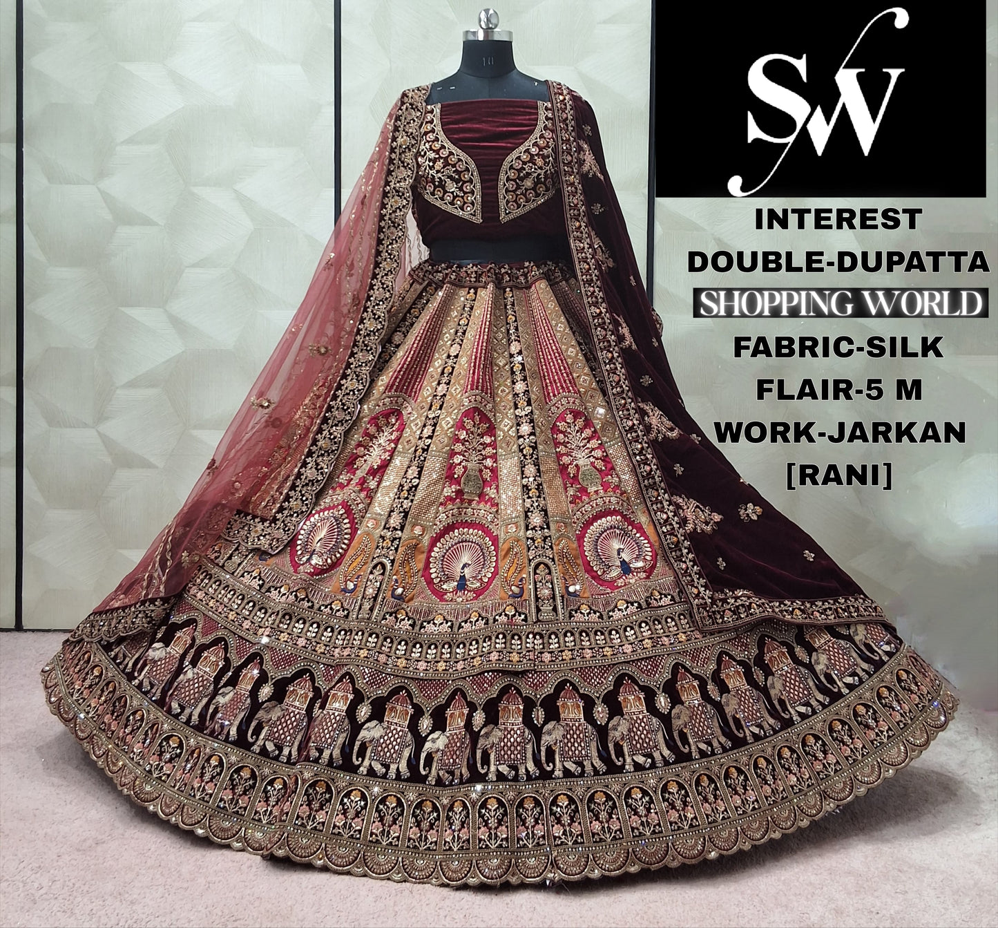 Lovely Rust Double Dupatta Velvet Bridal Lehenga