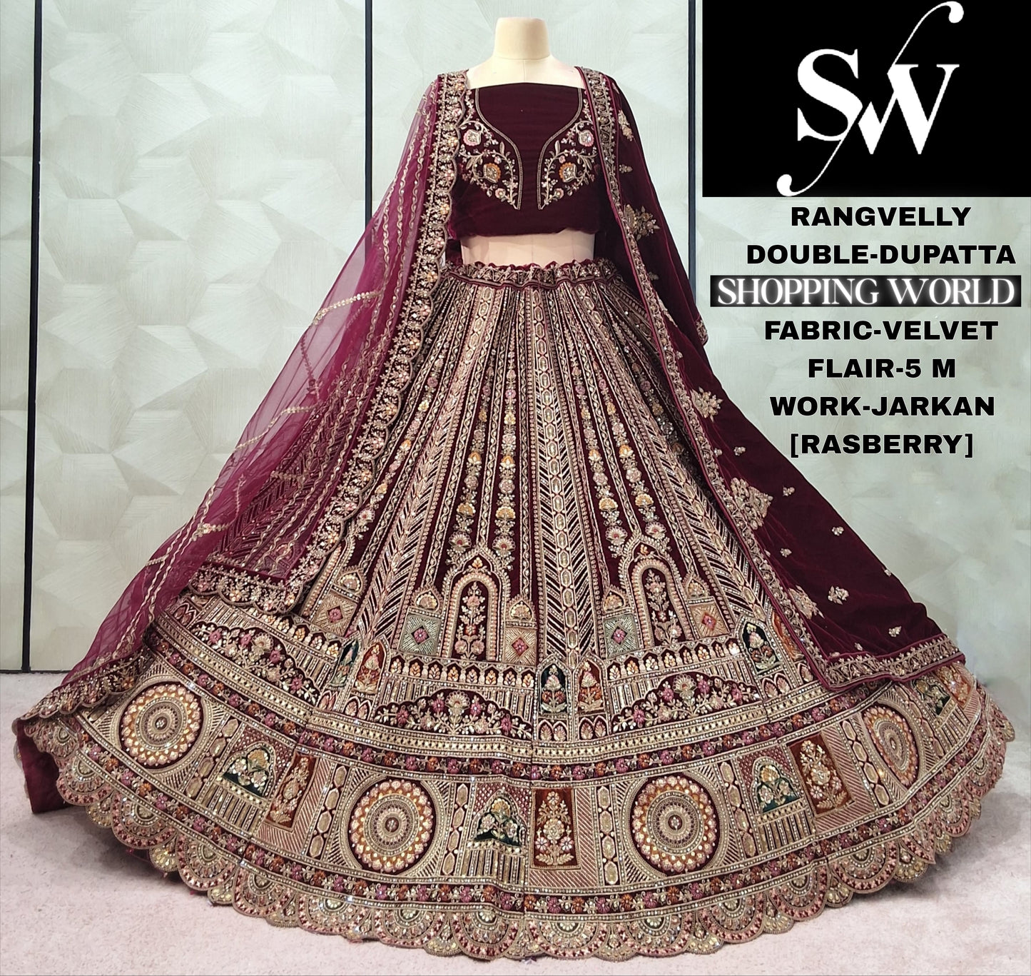 Gorgeous Maroon Double Dupatta Velvet Bridal Lehenga
