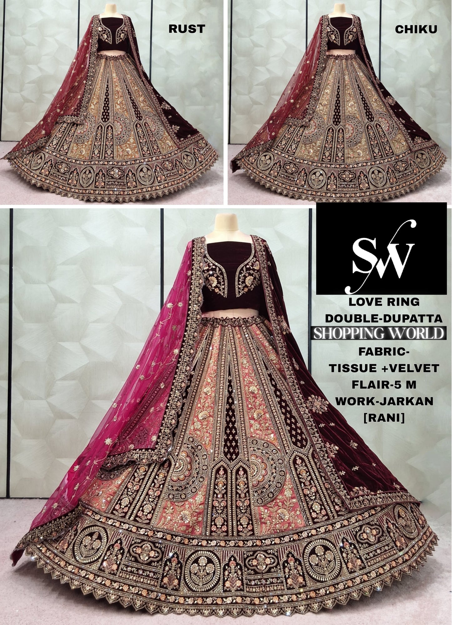 Attractive Rani pink Rust Orange Chiku golden Double Dupatta Tissue Velvet Bridal Lehenga