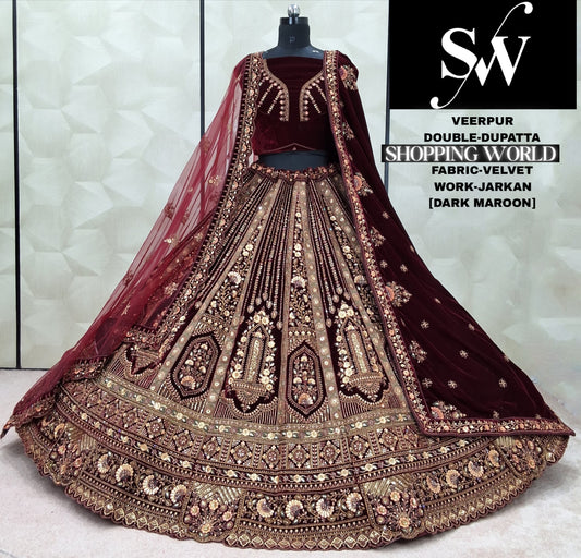 Embellished Raspberry Double Dupatta Velvet Bridal Lehenga