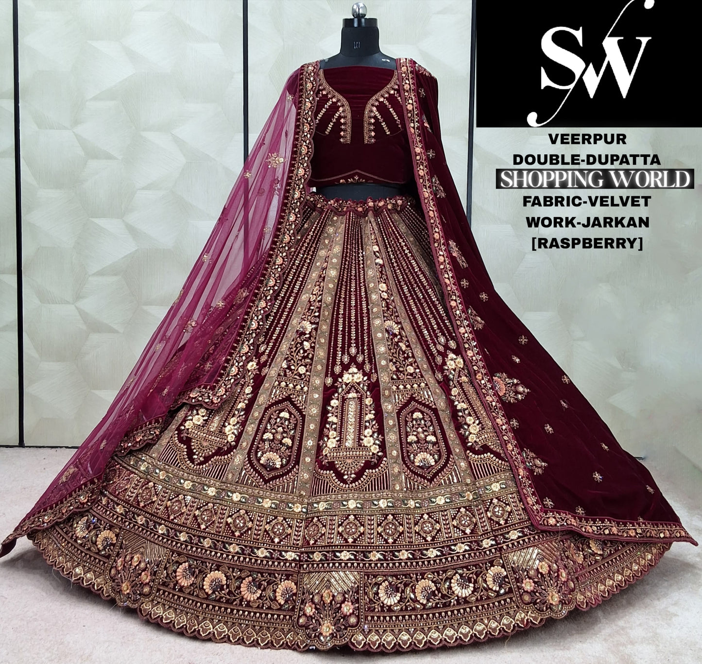 Delightful Dark Maroon Double Dupatta Velvet Bridal Lehenga