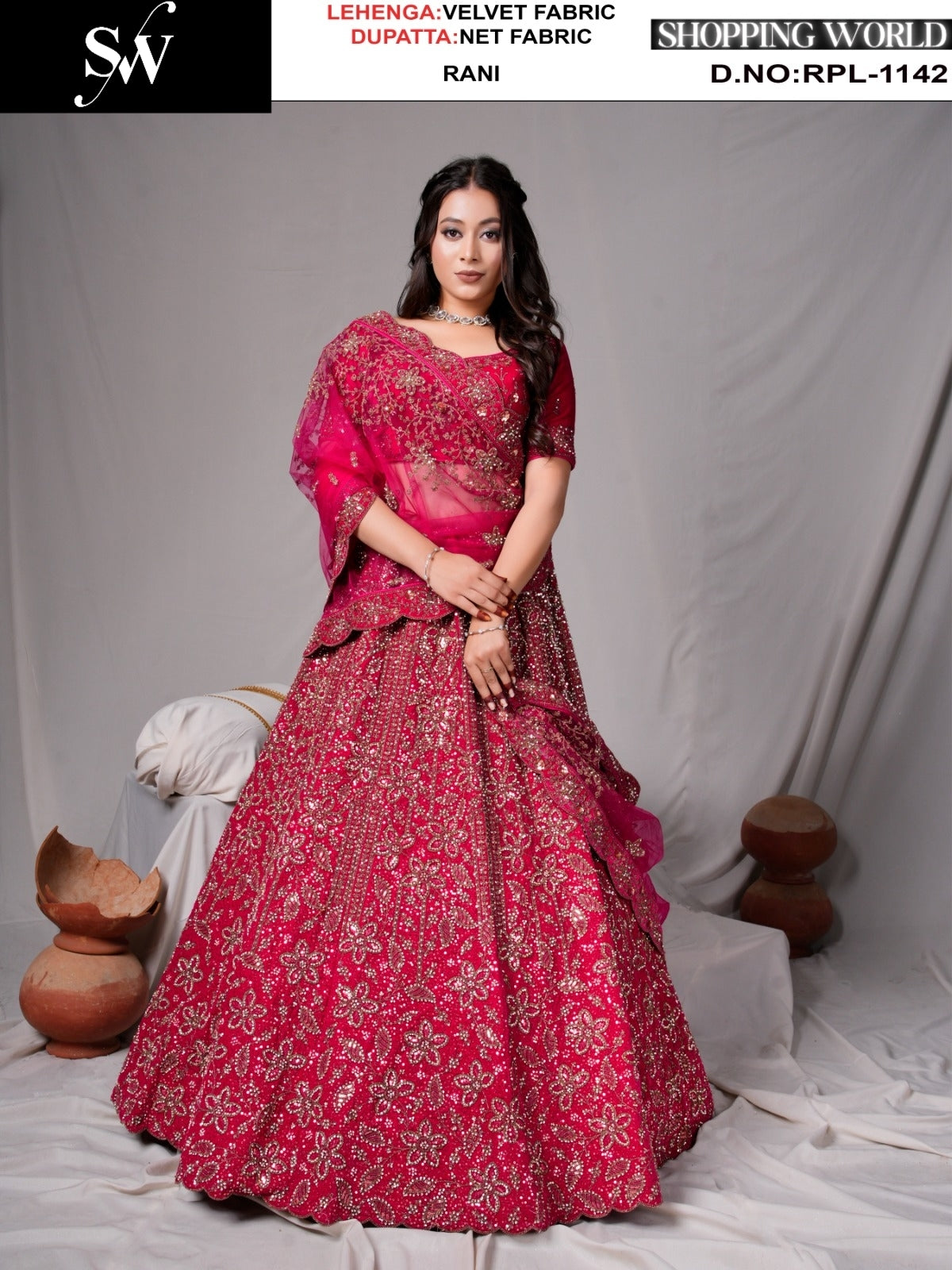 Attractive Hot Rani pink Velvet bridal Lehenga