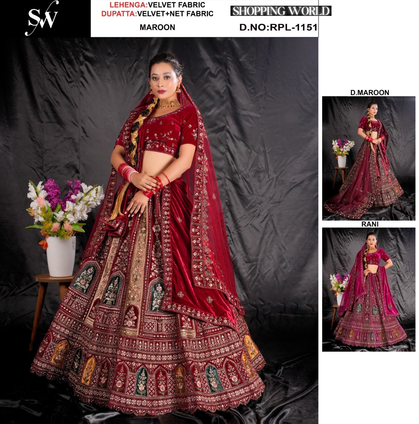 Fantastic maroon Dark Maroon Rani pink velvet Bridal Lehenga