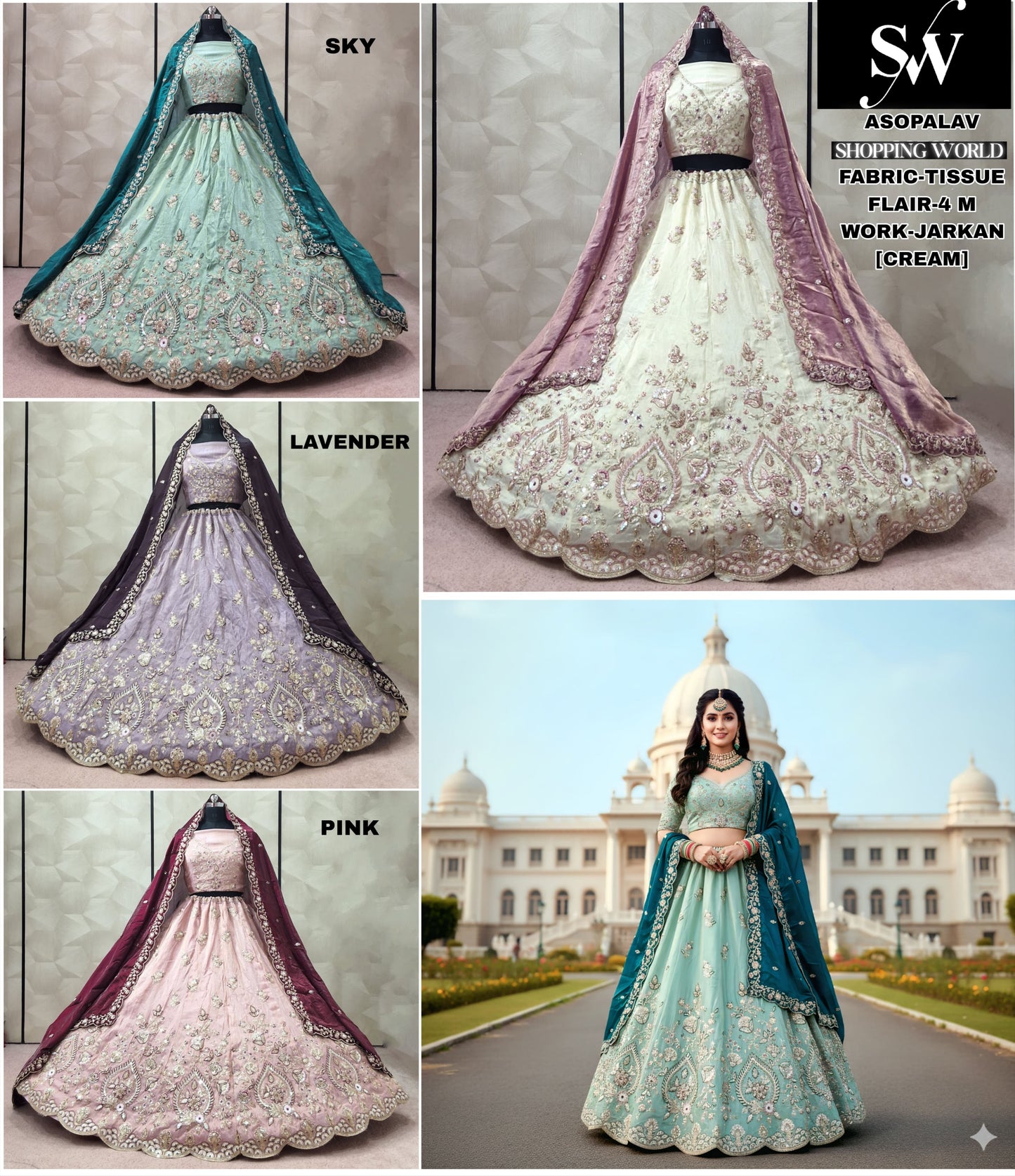 Eye Catching Sky blue Lavender Pink Cream white Tissue Lehenga