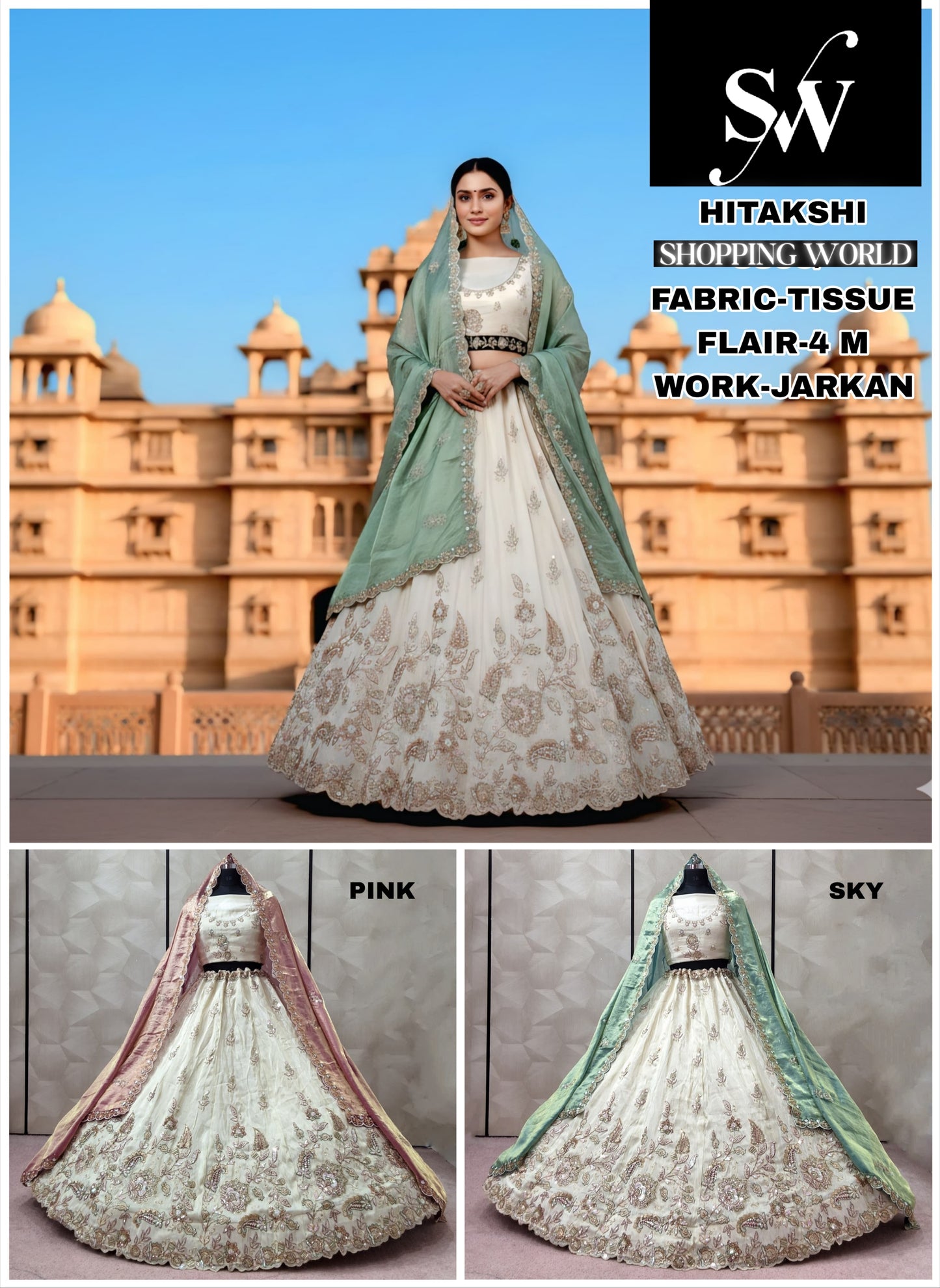 Charming White pink Sky blue Lehenga