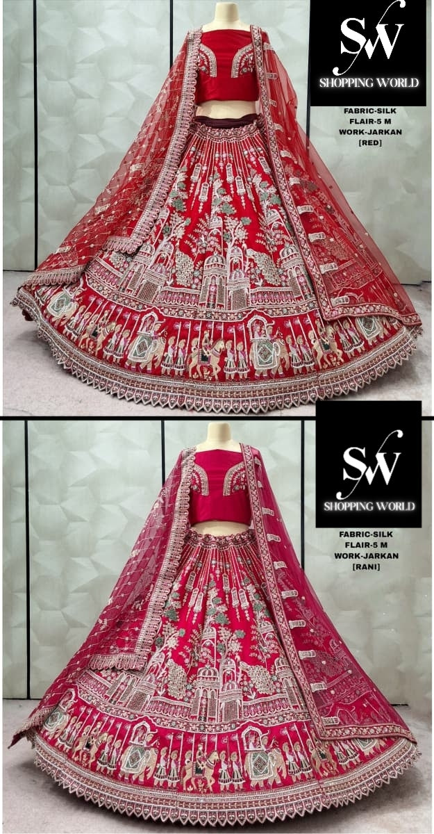 Engaging Rani pink Red Peacock Silk Bridal Lehenga