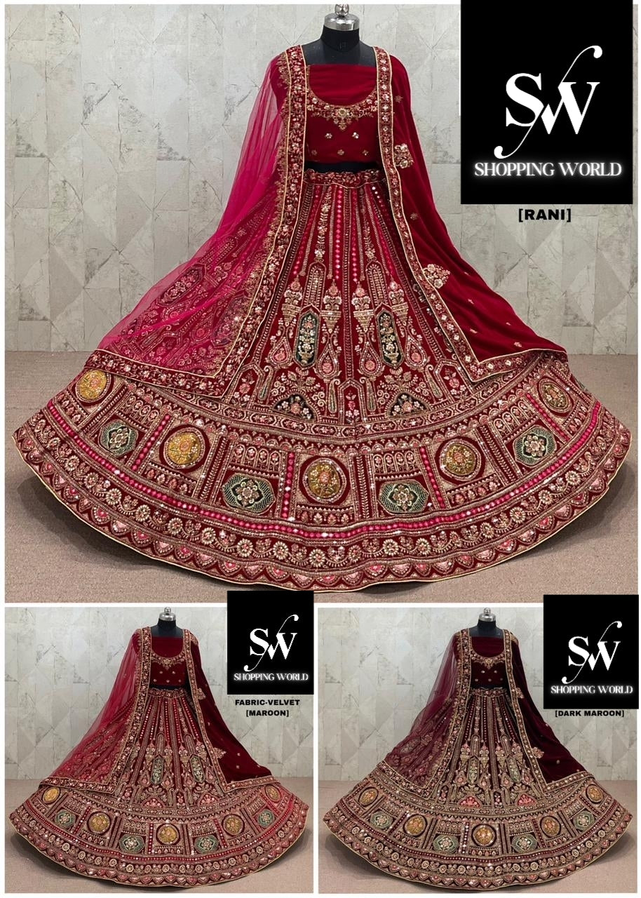Awesome Rani pink Maroon Dark Maroon Double Duptta Velvet Bridal Lehenga