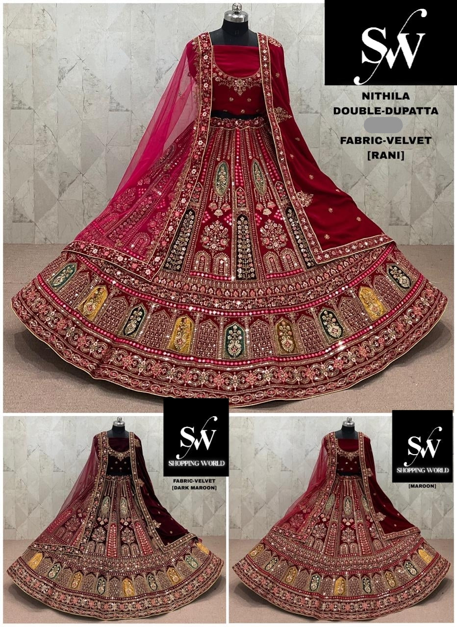 Glamorous Rani pink Maroon Dark Maroon Double Duptta Velvet Bridal Lehenga