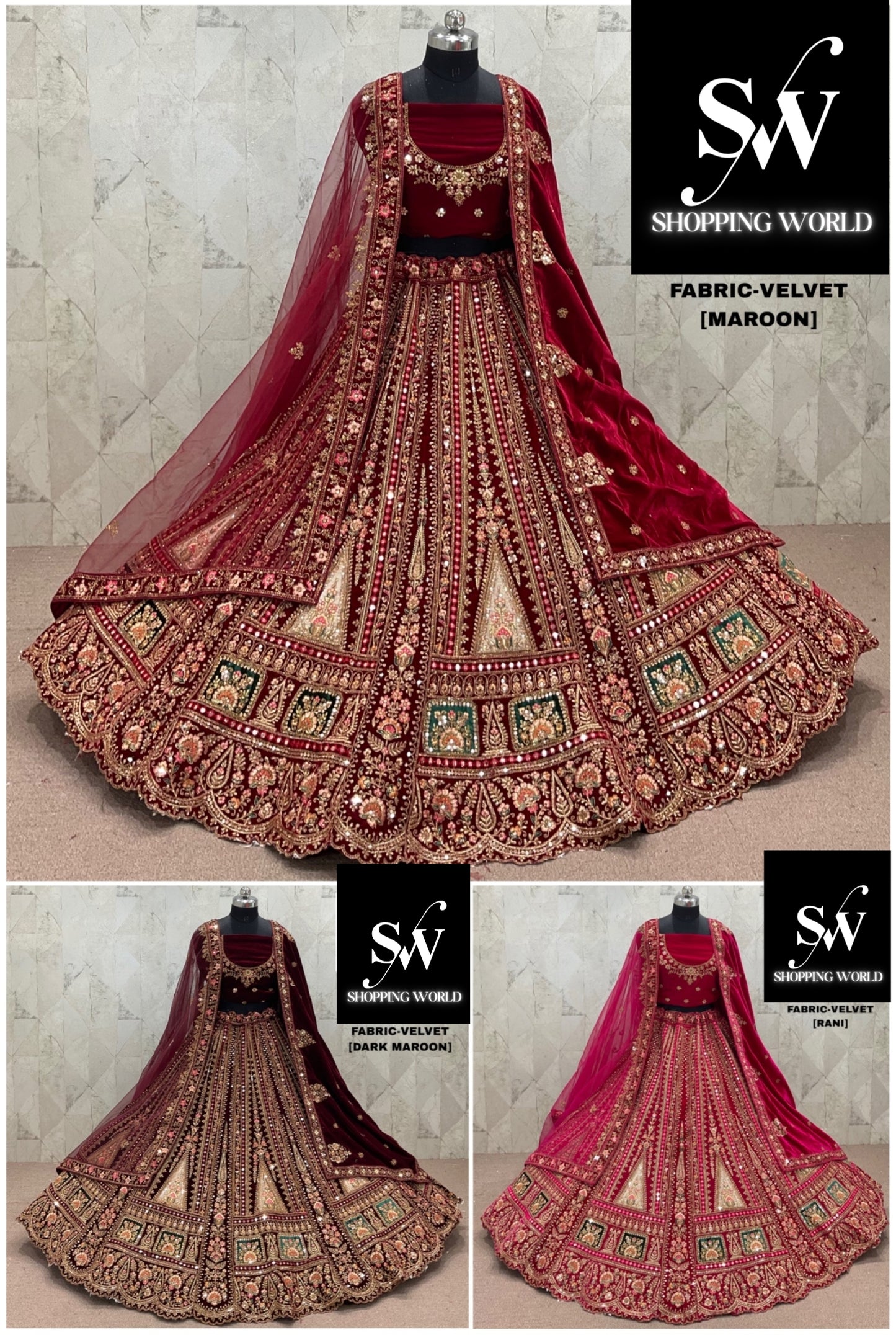 Fabulous Rani pink Maroon Dark Maroon Double Duptta Velvet Bridal Lehenga