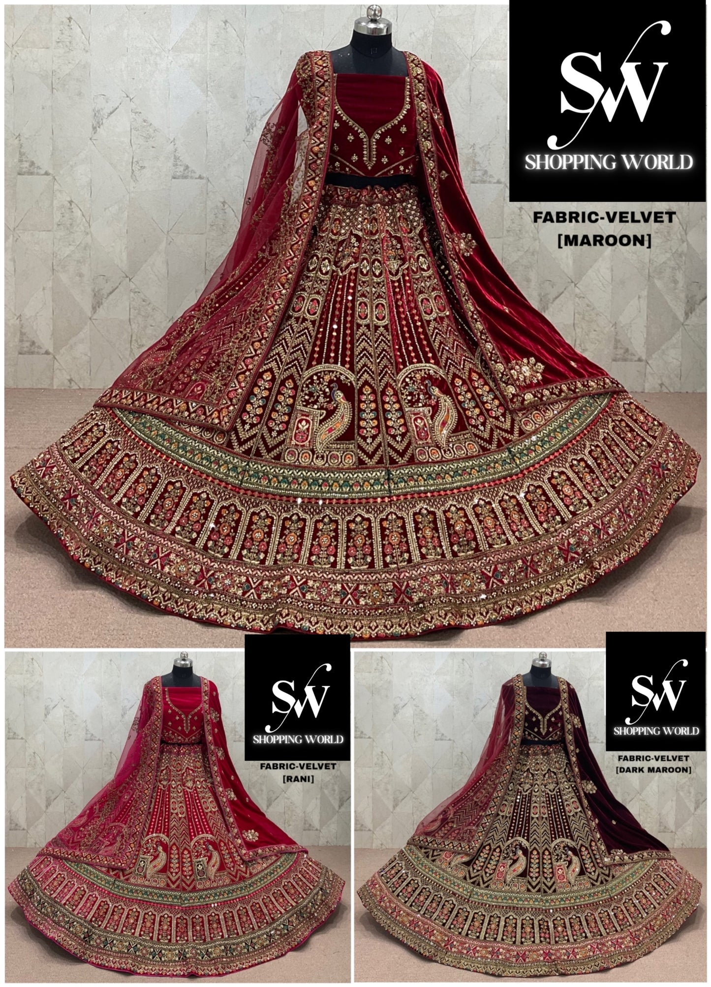 Stunning Rani pink Maroon Dark Maroon Double Duptta Velvet Bridal Lehenga