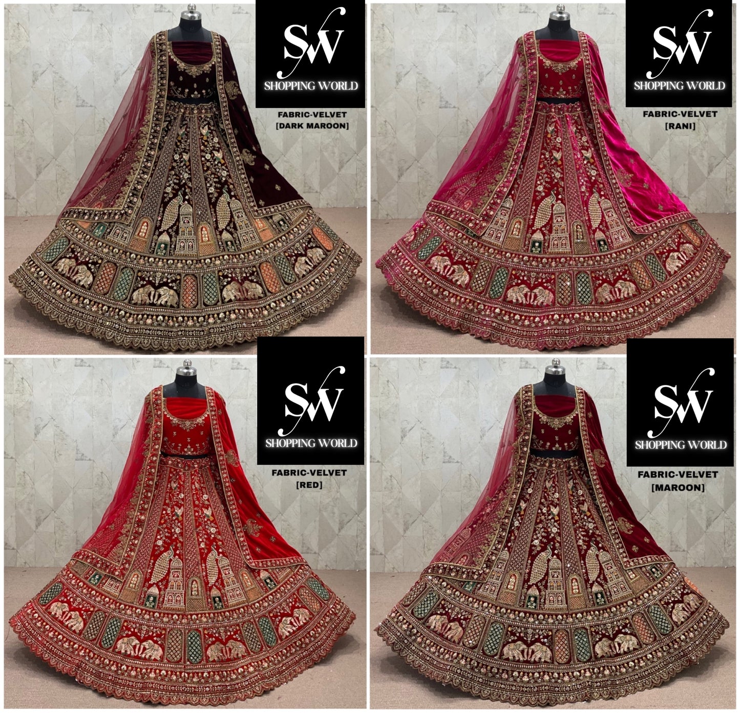 Good looking Rani pink Maroon Dark Maroon Red Double Duptta Peacock Velvet Bridal Lehenga