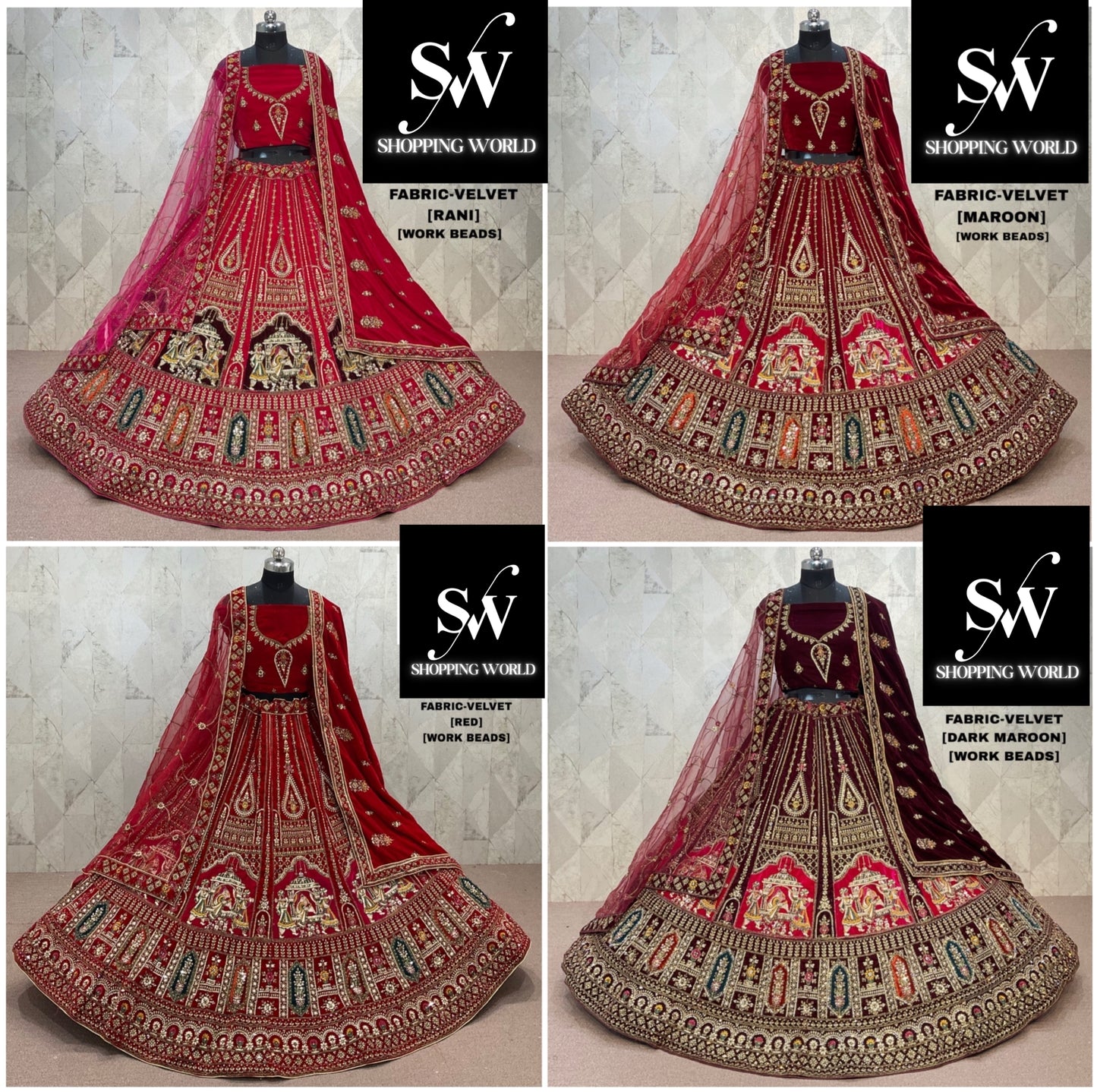 Designer Rani pink Maroon Dark Maroon Red Doli Barat Double Duptta Velvet Bridal Lehenga