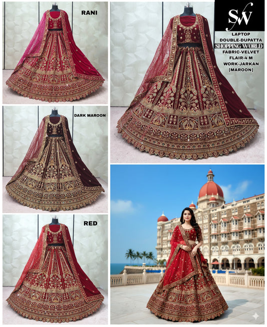 Glamorous Rani pink Maroon Dark Maroon Red Velvet Bridal Lehenga