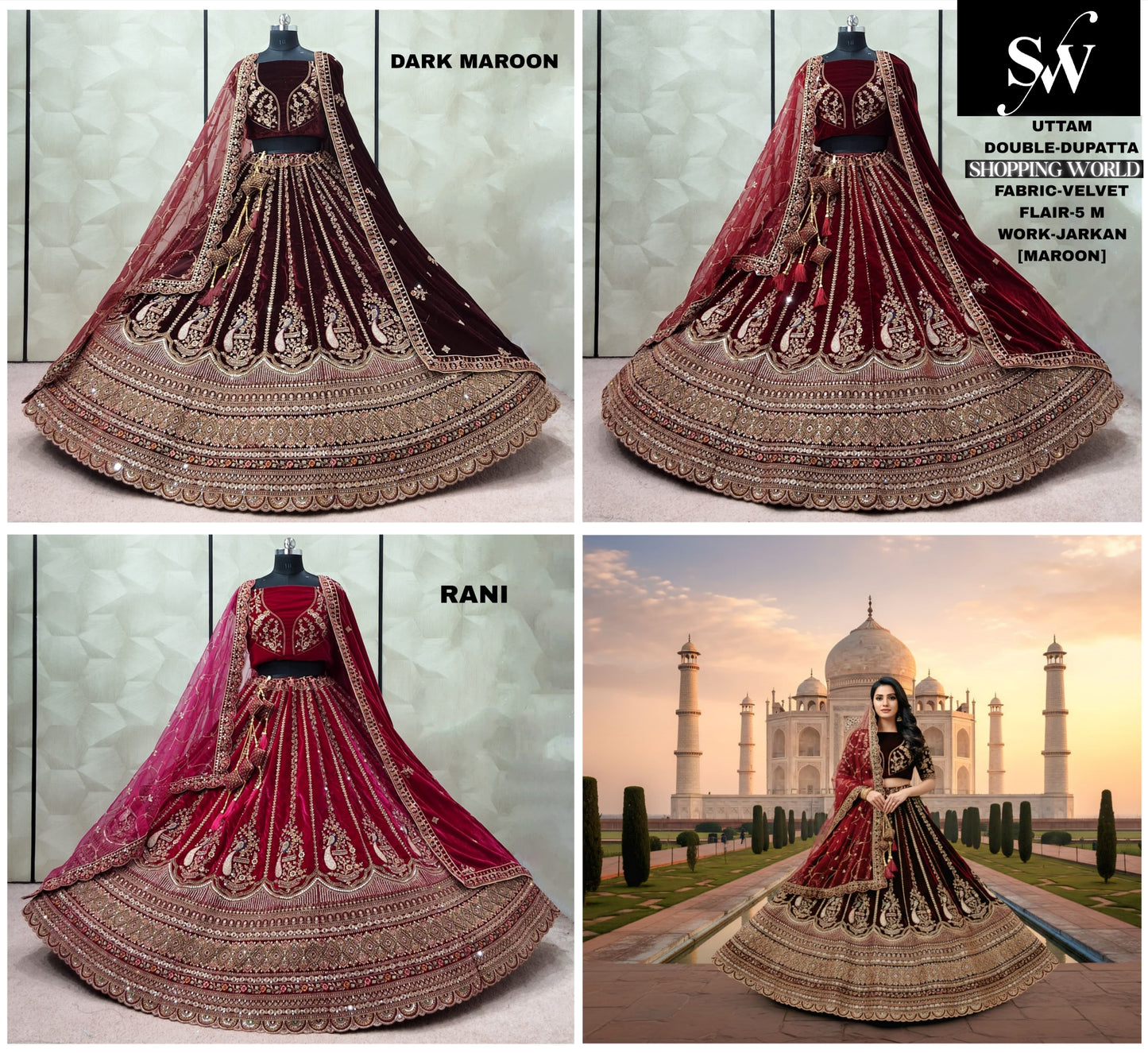 Astonishing Rani pink Maroon Dark Maroon peacock Velvet Bridal Lehenga