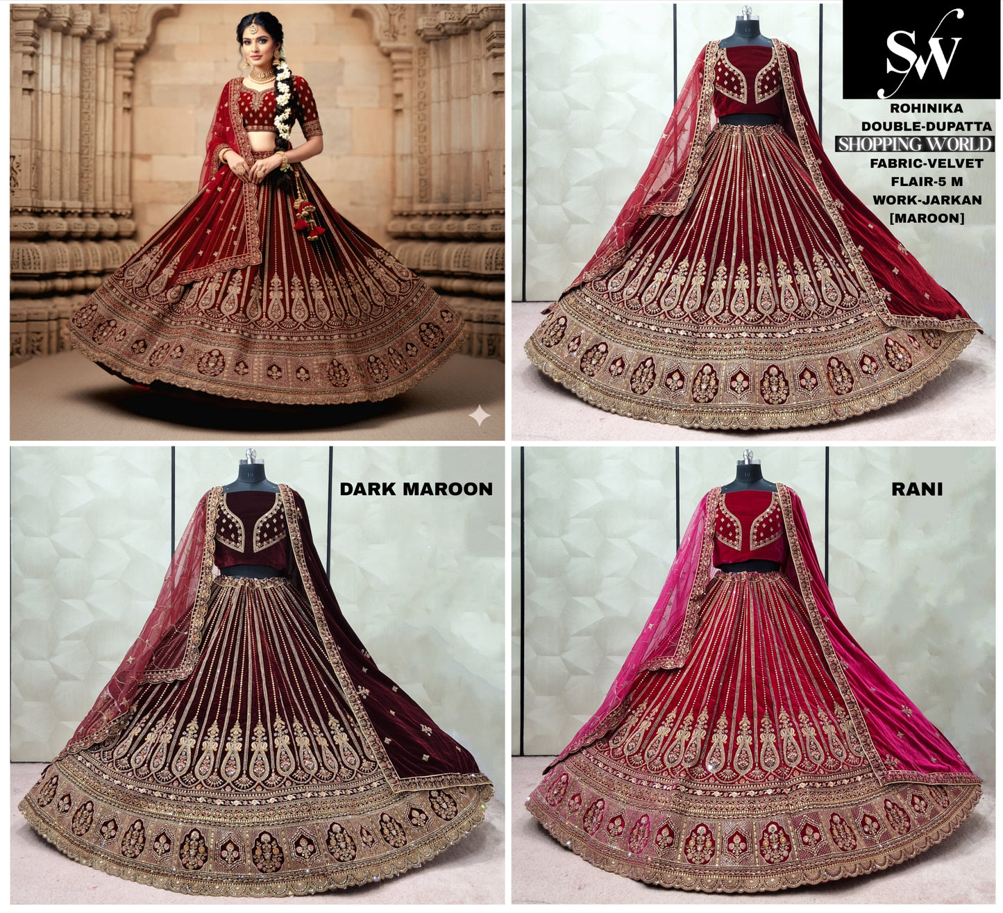 Attractive Rani pink Maroon Dark Maroon Velvet Bridal Lehenga