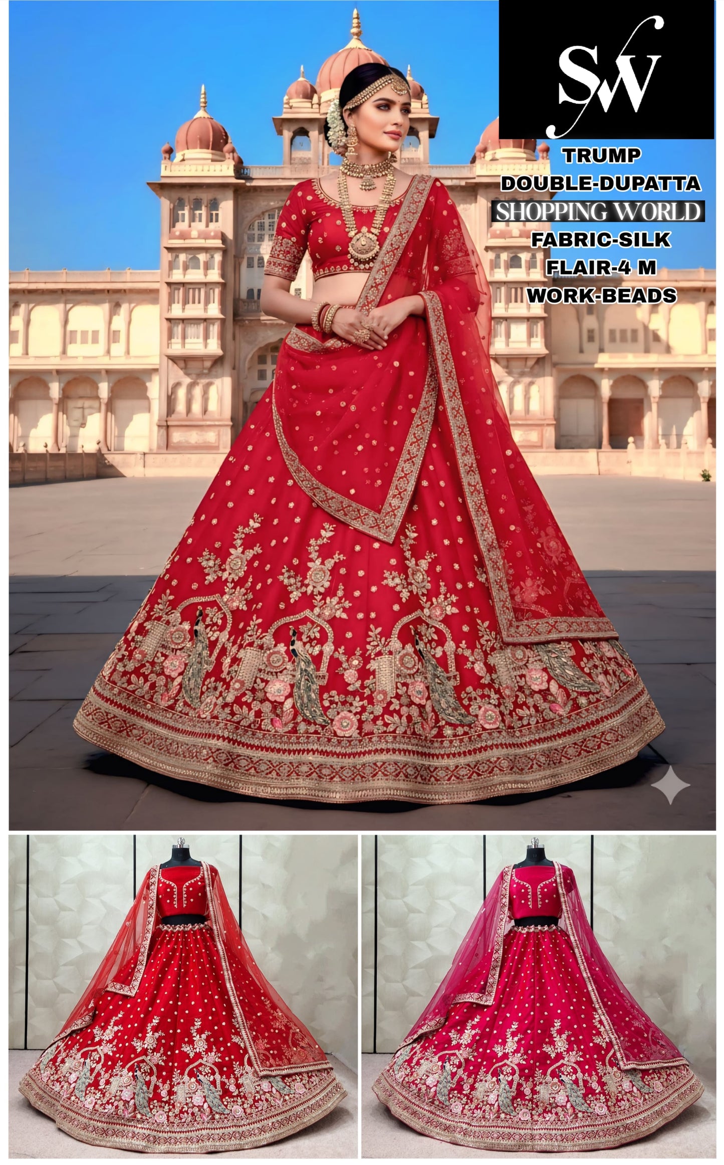 Delightful Red Rani pink Peacock Silk Bridal Lehenga