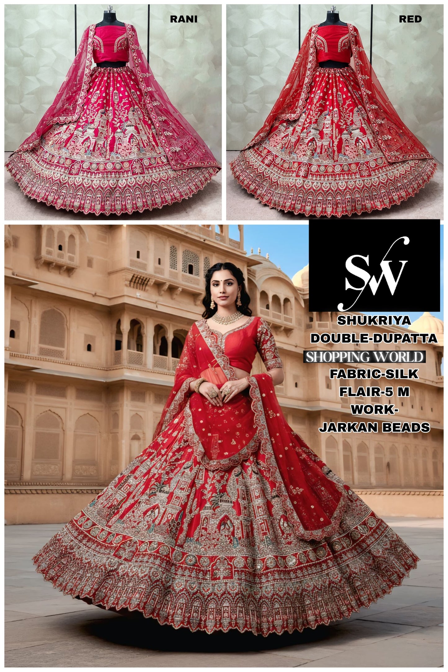 Something differentRani pink Red peacock Double Dupatta Silk Bridal Lehenga