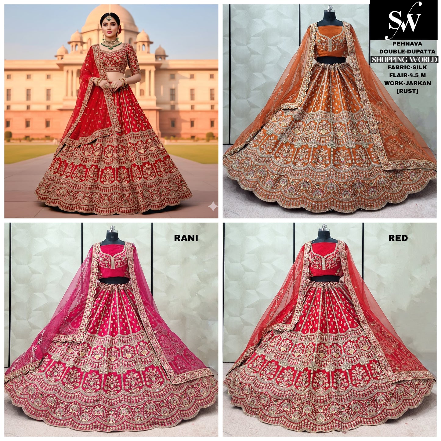 Charming Rust Orange Rani pink Red Double Dupatta Silk Bridal Lehenga