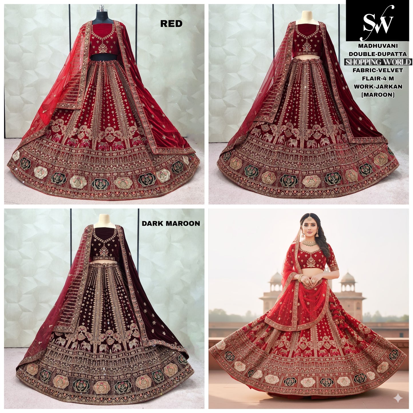 Majestic Red Dark Maroon Maroon Double Dupatta Velvet Bridal Lehenga