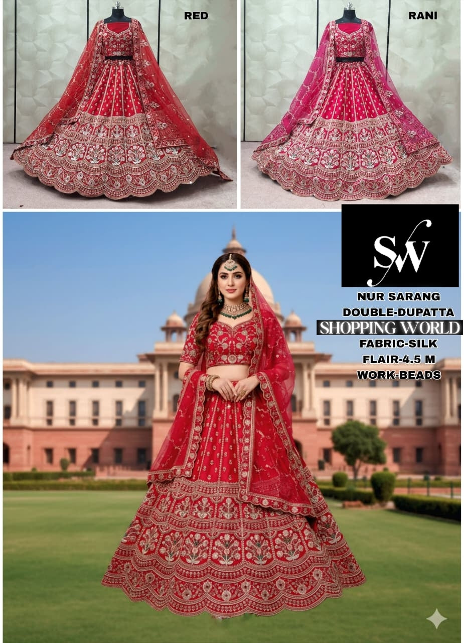 Beautiful Rani pink Red Double Dupatta Silk Bridal Lehenga