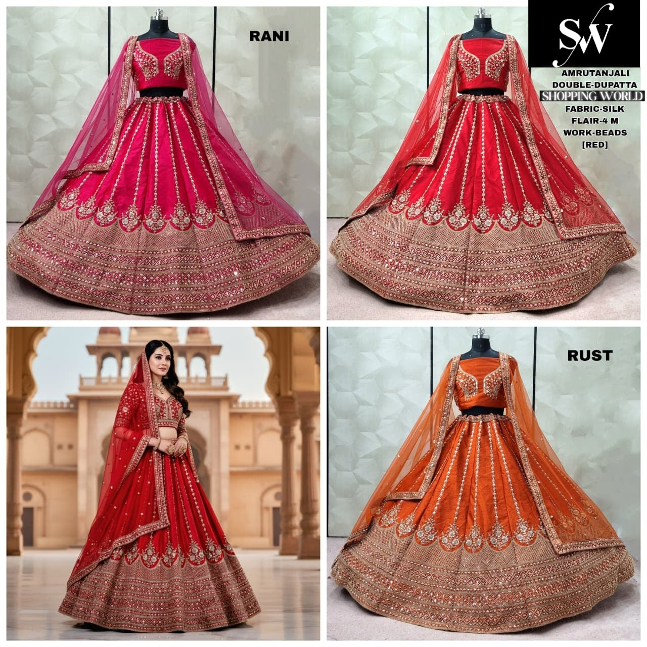 Lovely Rani pink Red Rust Orange Silk Bridal Lehenga