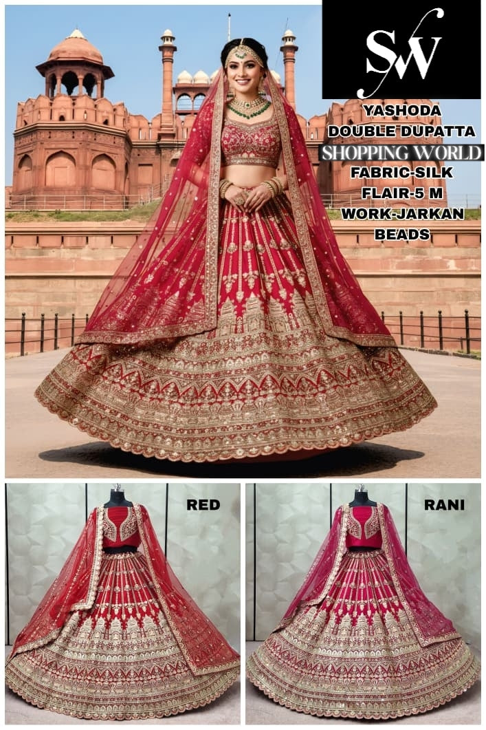 Tremendous Rani pink Red Double Duptta peacock Silk Bridal Lehenga