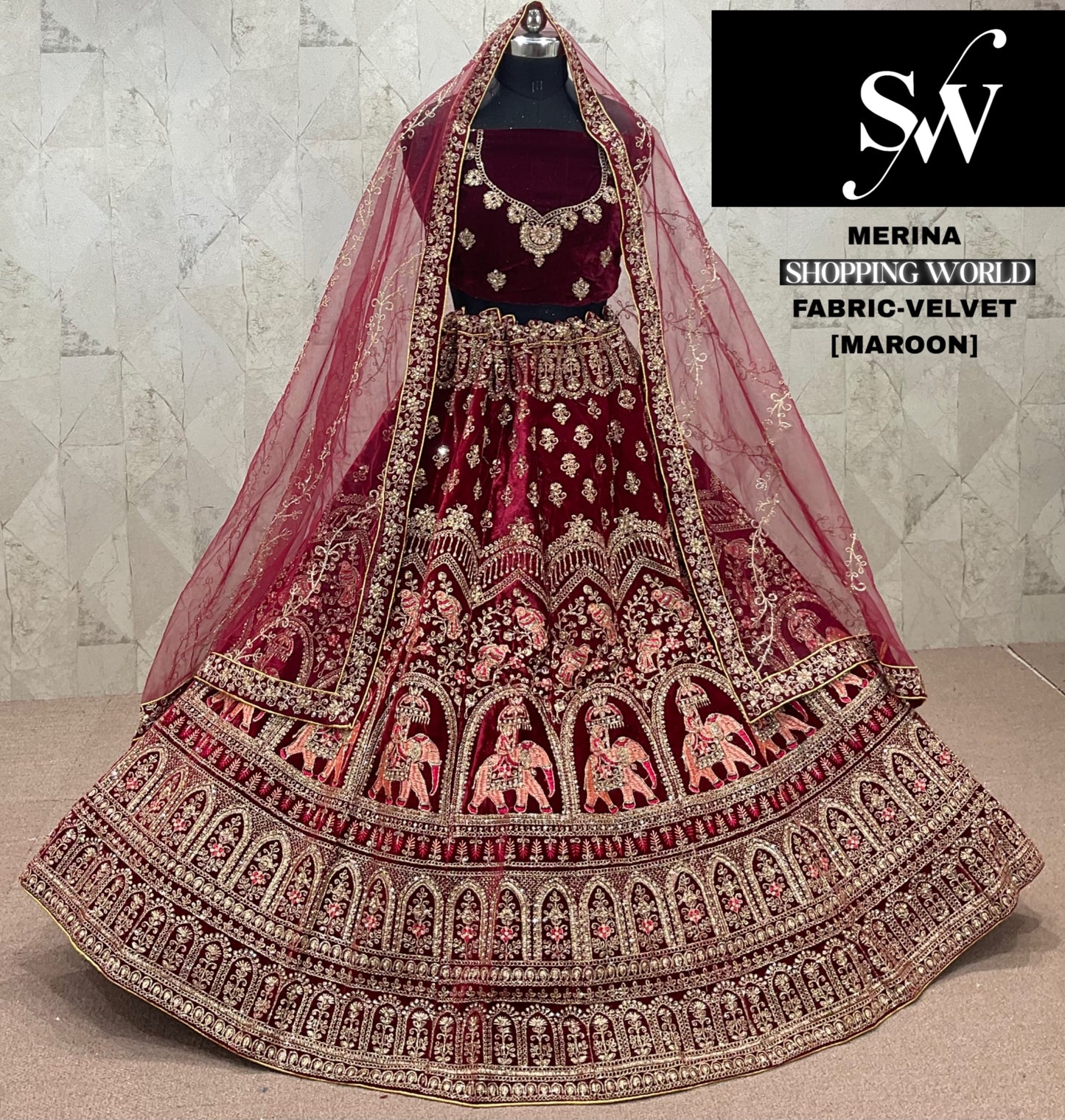 Beautiful Maroon Velvet Bridal Lehenga