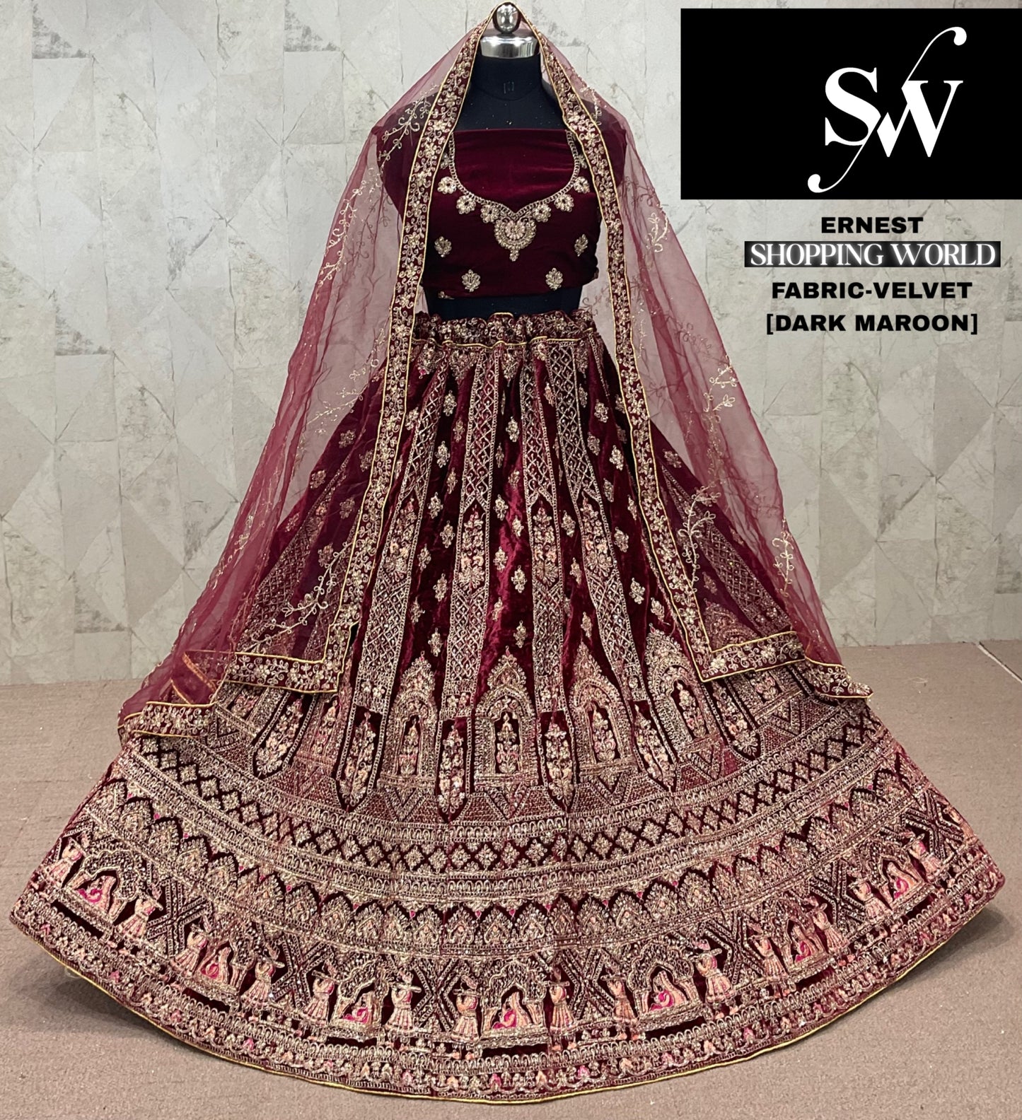Lovely Dark Maroon Velvet Bridal Lehenga