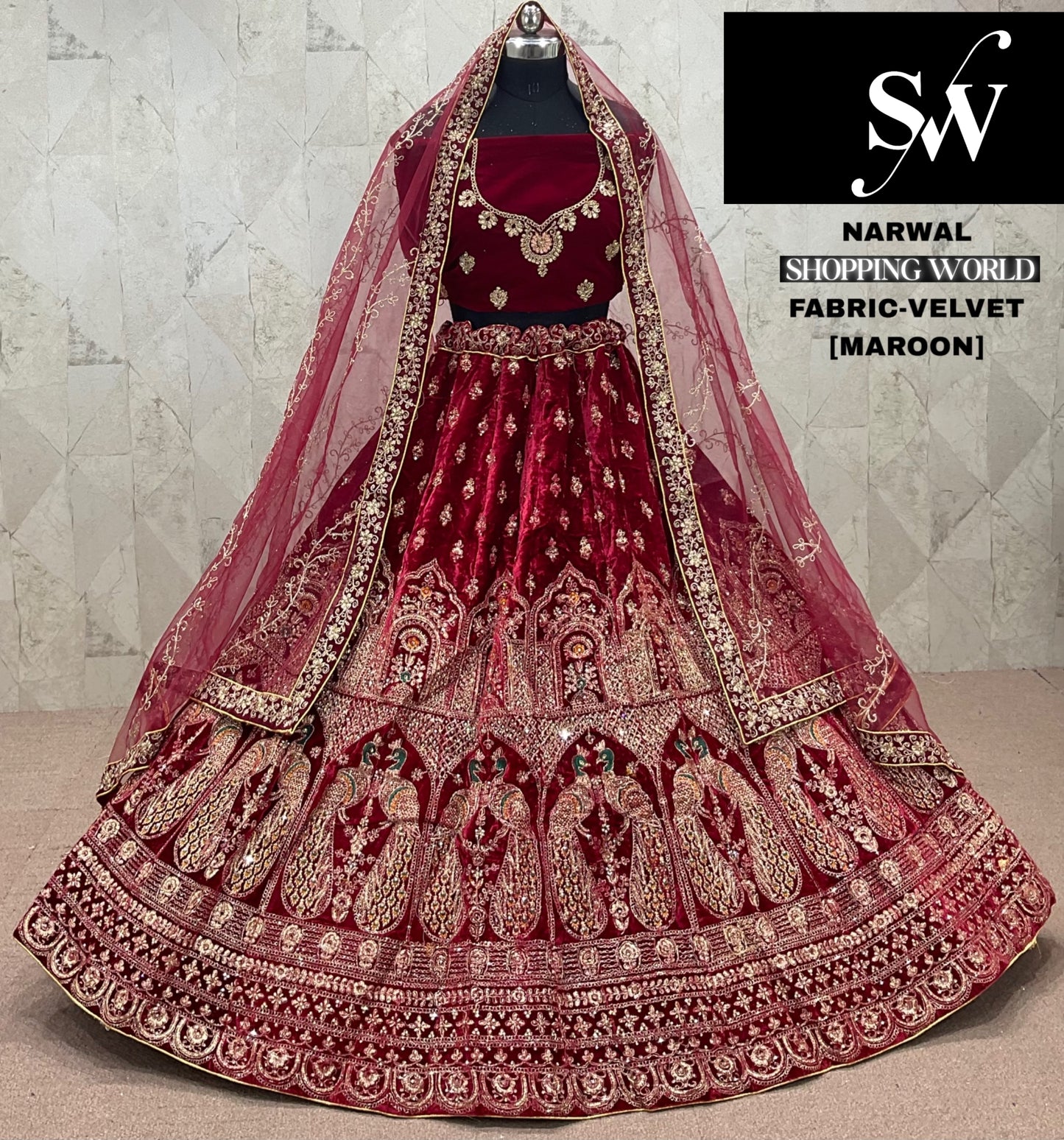 Pretty Maroon Velvet Bridal Lehenga