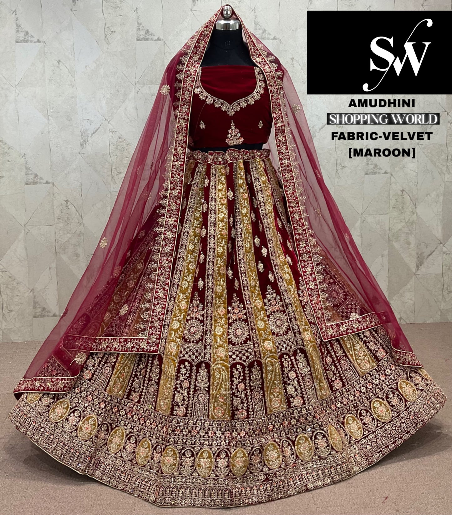 Tremendous Maroon Velvet Bridal Lehenga