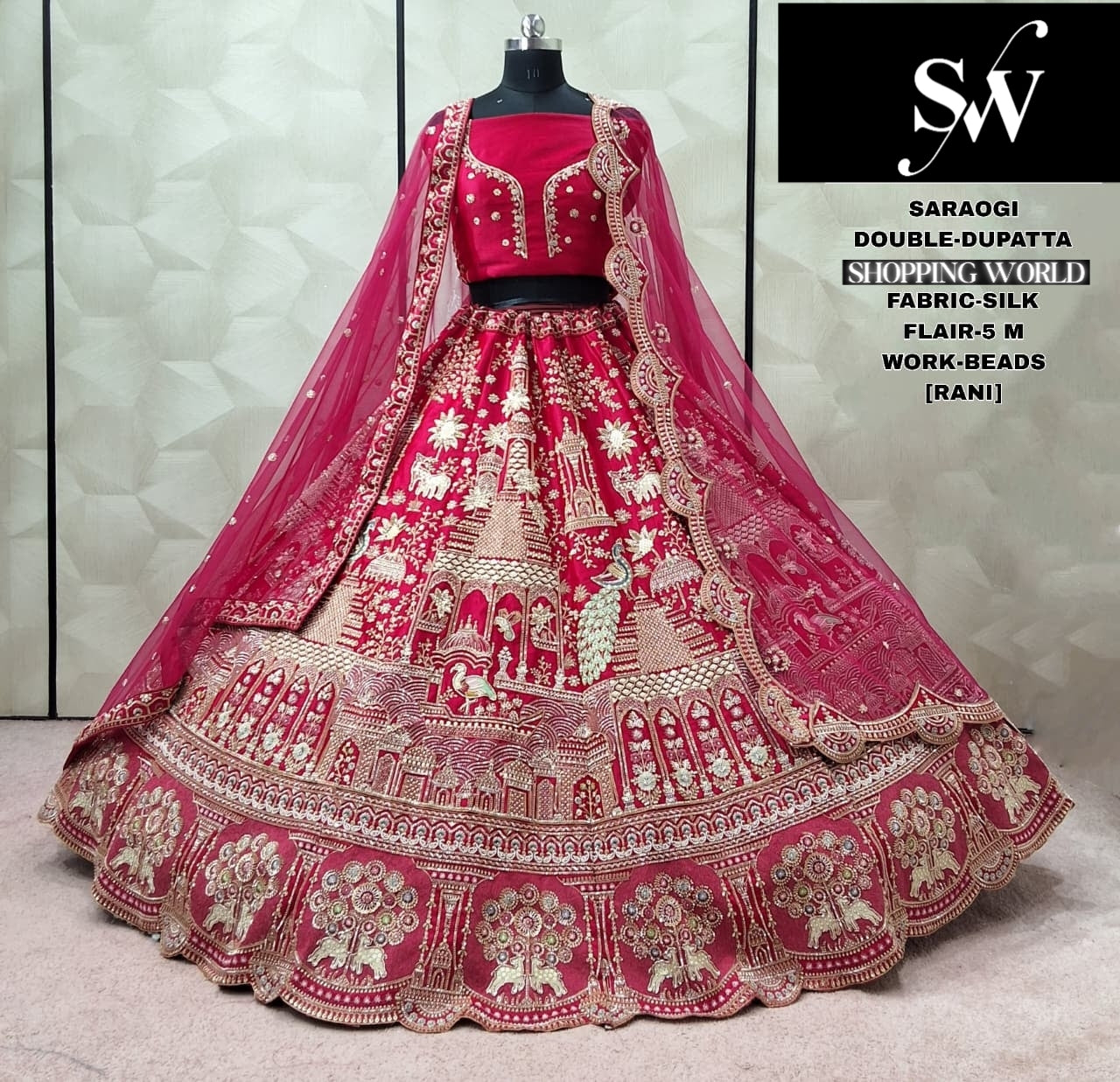 Good looking Red Silk Double Dupatta peacock Bridal Lehenga