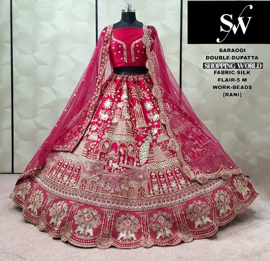 Good looking Red Silk Double Dupatta peacock Bridal Lehenga
