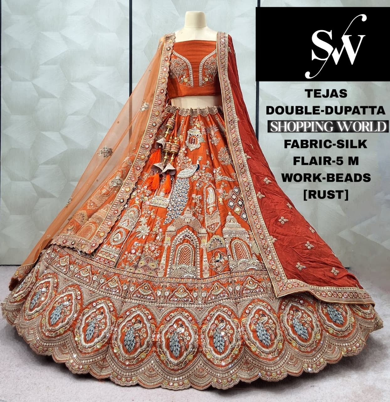 Lavishing Rani pink peacock Silk Double Dupatta Bridal Lehenga